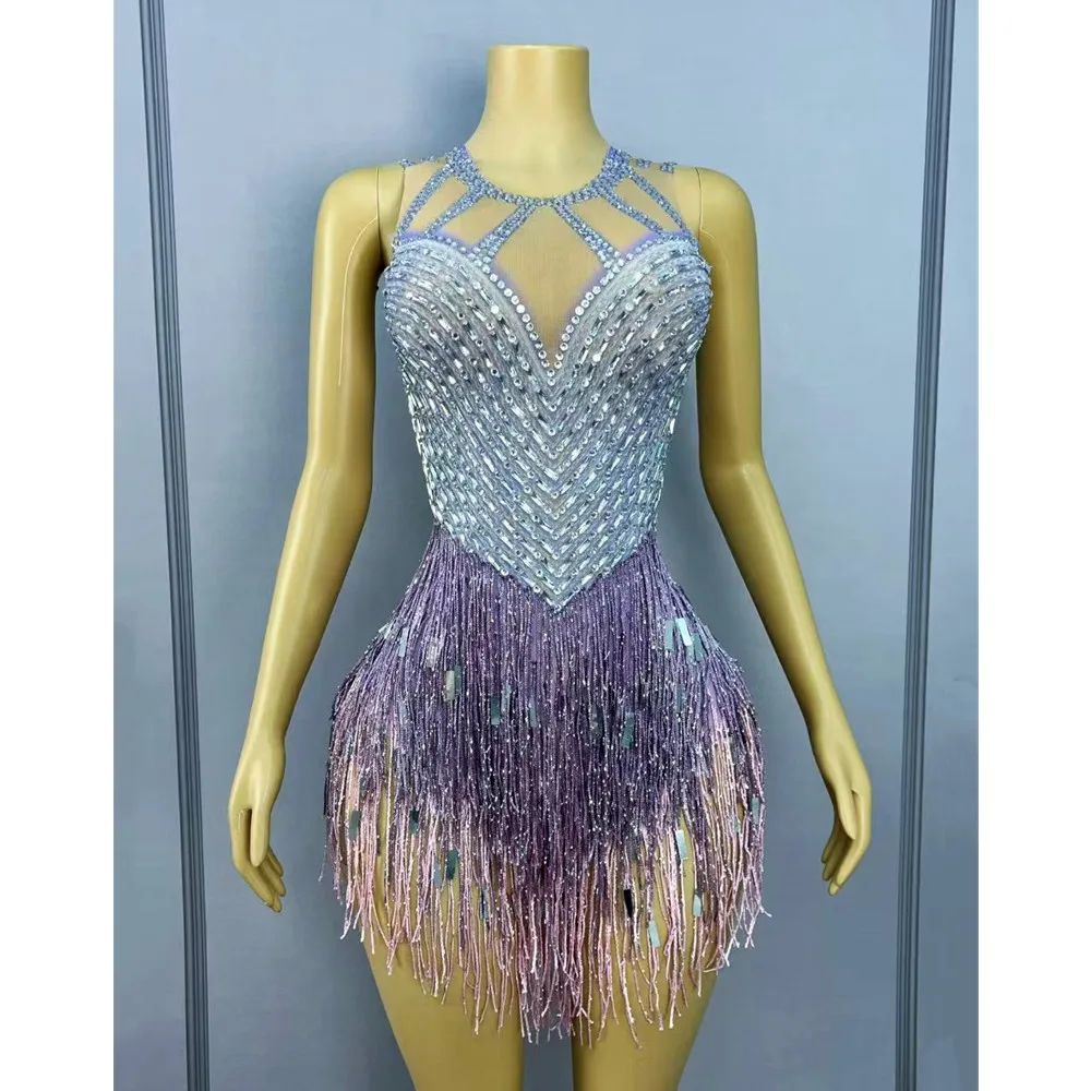 Sparkly Rhinestones Sequins Tassel Sleeveless Bodysuit for Women Sexy Performance Dance Costume Bar Stage Singer Dancer Leotard