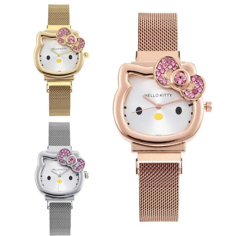 Kawaii Anime Hellokitty Magnetic Strap Diamond Watch Sanrio Cartoon Wristwatch Girl's  Watch  Clock Christmas Gift for Kid