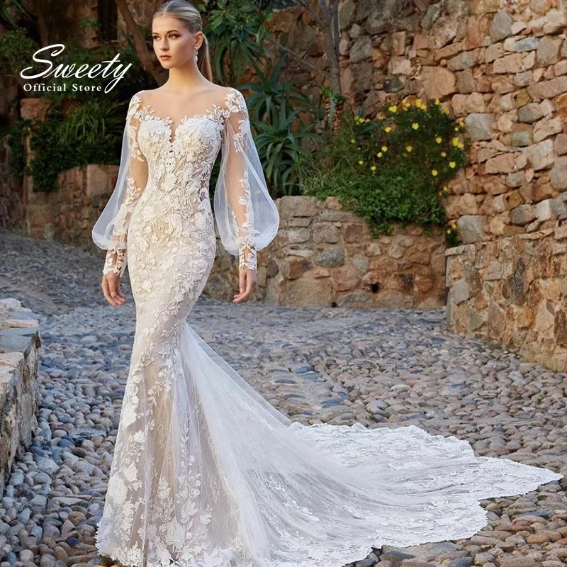 Vestido De novia elegante sirena encaje bordado en red con cuello redondo mangas abullonadas vestido De novia batas De boda apliques De botones traseros