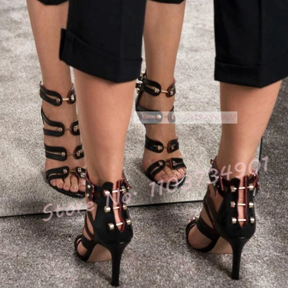 Metal Rivets Stiletto Sandals Lady Belt Buckle Pointy Toe Sandals Women Fashion Open Toe Sexy Chic Elegant Party Big Size Shoes