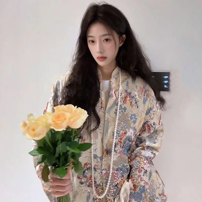 Luxury Jacket Tang Clothes Sequin Embroidery Mandarin Collar Hanfu Costume Womem Warm Velour Qipao Top Spring Festival Gift