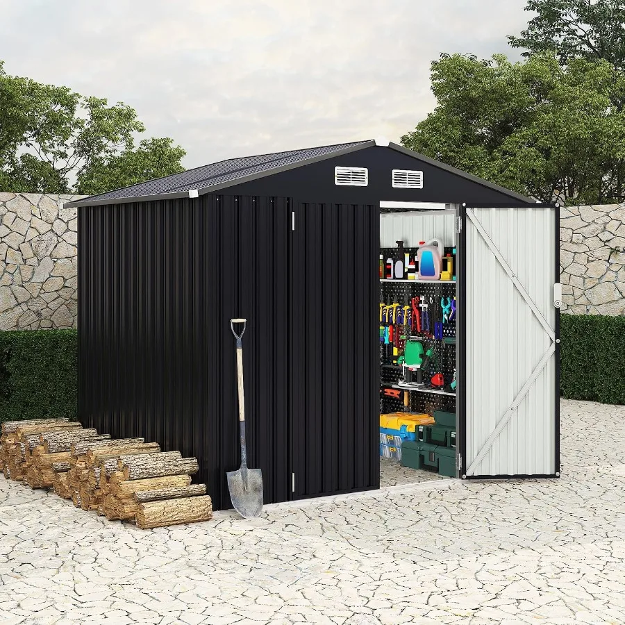 Outdoor metal storage shed kit, 6x8 feet, galvanized steel, gray, rust-resistant and easy assembly