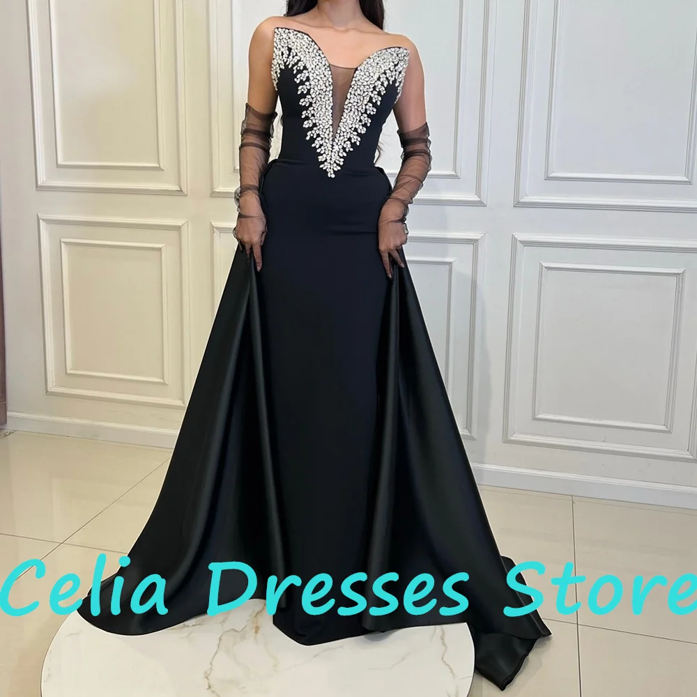 Arábia Saudita Vestidos de Noite, até o chão reto, cetim, querida Painel, Trem Black Crystal, Vestidos Ocasião Bespoke, 3/4 mangas