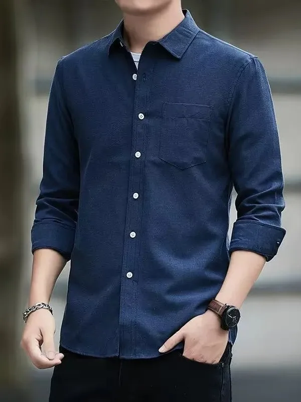 Oxford Cloth Long Sleeve Casual Shirt Men's Collar  Color Slim Fit Workwear Spring Autumn Iron Free Business Formal Top