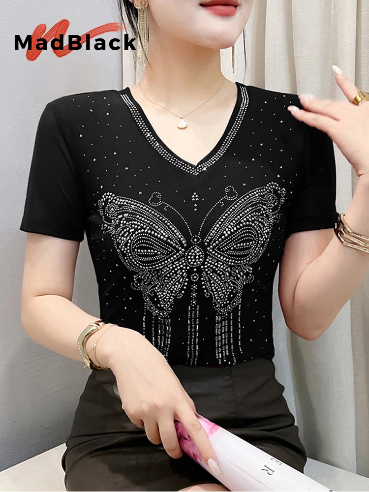 MadBlack-Women European T-Shirt, Sexy V Neck Hot Diamond, Clubwear Short Sleeve Slim M-3XL Mesh Tee, 2026 Summer New T64607CC