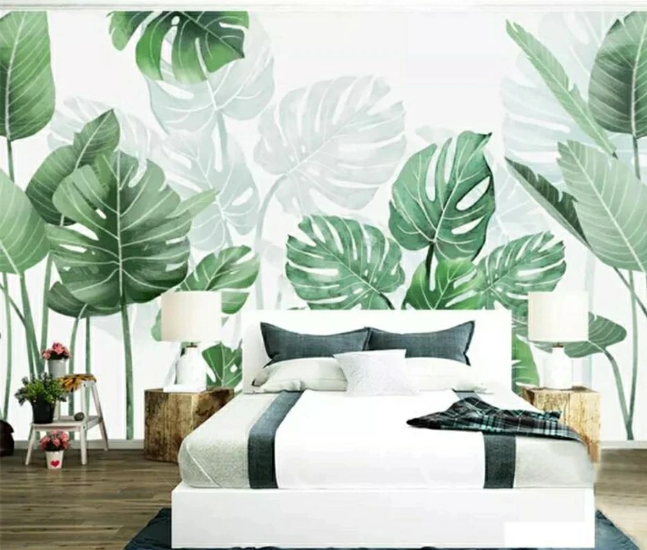 Customized wallpaper 3D Modern small fresh watercolor Southeast Asian banana green leaf Living room TV background wall bedroom