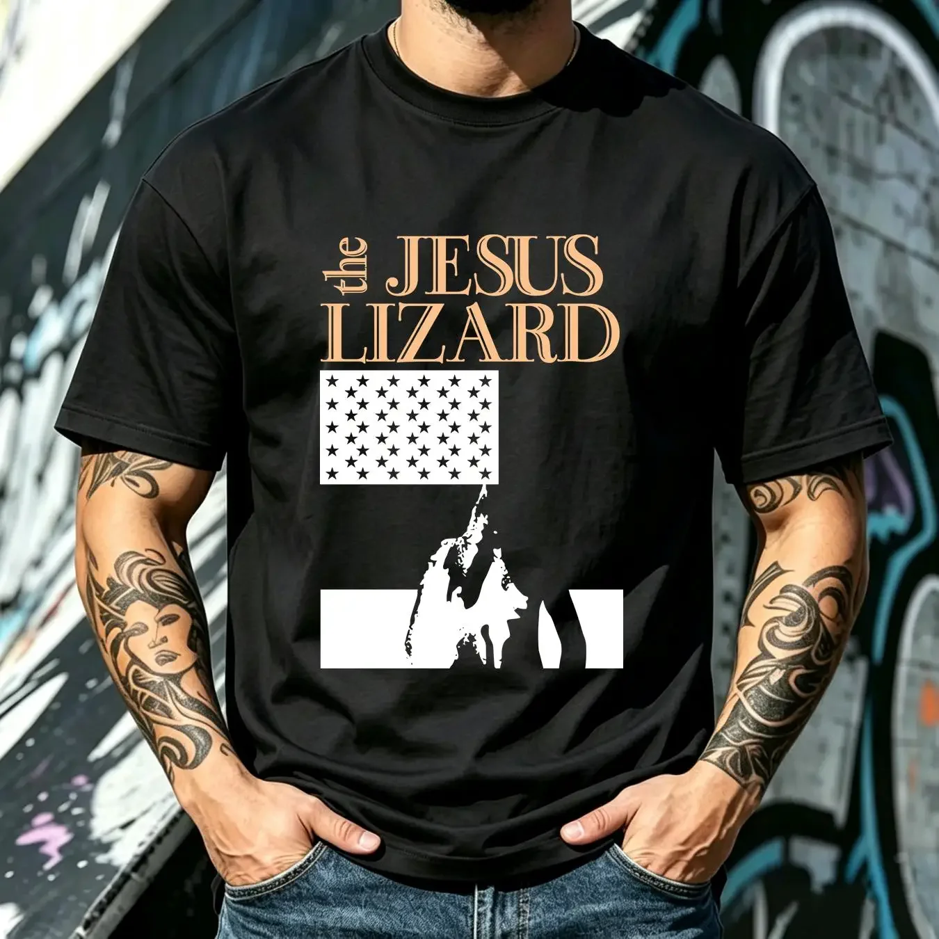 washed T Shirt The Jesus Lizard 90s Reprint black tee NH6207 long sleeves vintage Washed streetwear Stylish Casual Stretched