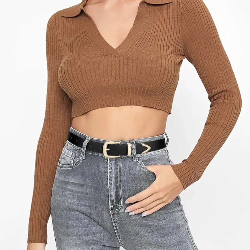 

Women's Slim Belt with Metal Buckle - Black Leather Waistband for Jeans & Dresses, Fashionable Casual Accessory, 1.1" Width