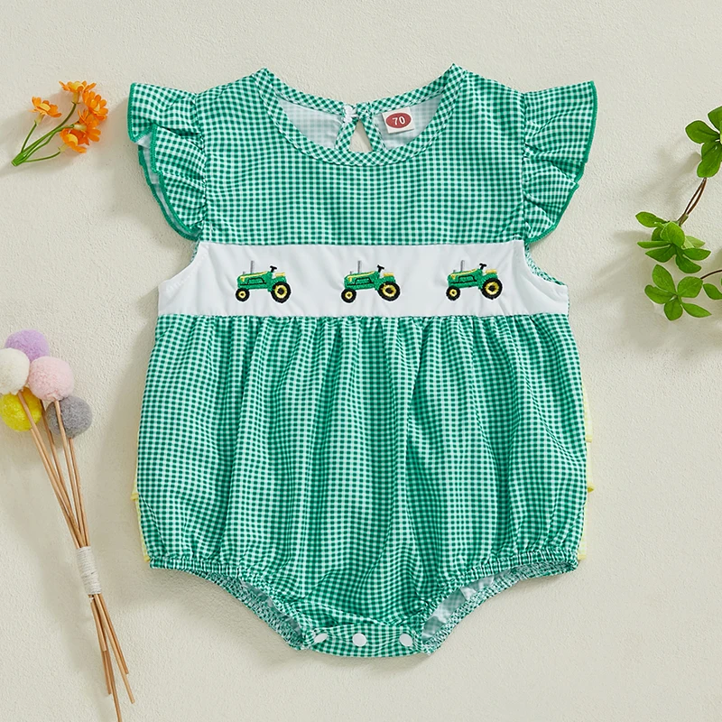 FOCUSNORM 0-24M Lovely Baby Girl Summer Romper Plaid Print Cartoon Car Embroidery Ruffles Flying Sleeves Round Neck Jumpsuits