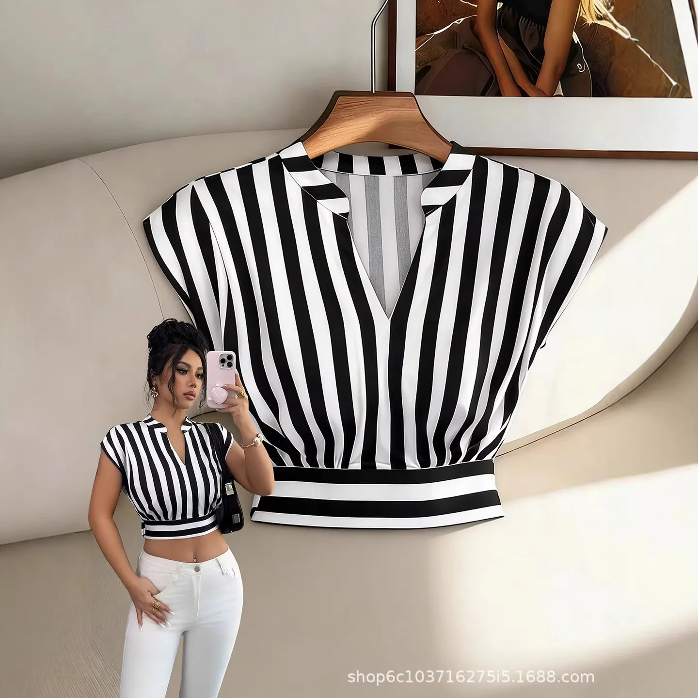 

Summer Women's Blouse Mock Two Piece Satin V Neck Blouses Crop Striped Loose Fit Top Off Shoulder Black And White Shirt Woman