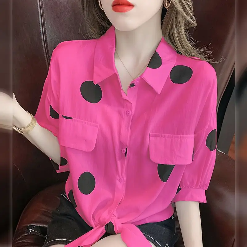 Women Summer Korean Simplicity Loose Lacing Polka Dot Polo-Neck Short Sleeve Shirts Women Clothes Casual All-match Trend Tops