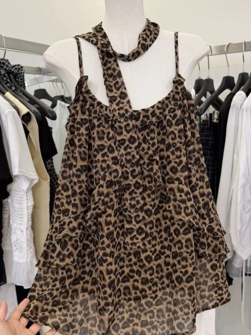 

Slimming V-Neck Leopard Print Chiffon Tank Top Women's Summer New Style Outerwear Sexy Sleeveless Shirt Belted Draped Style