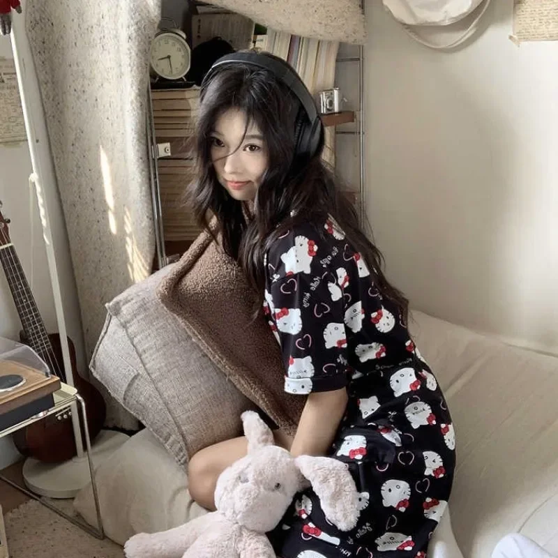 Conjuntos de pijamas negros con estampado de Hello Kitty para mujer, ropa de dormir para niñas, pantalones cortos de manga corta, pantalones, ropa de casa, traje para prendas de vestir exteriores de verano