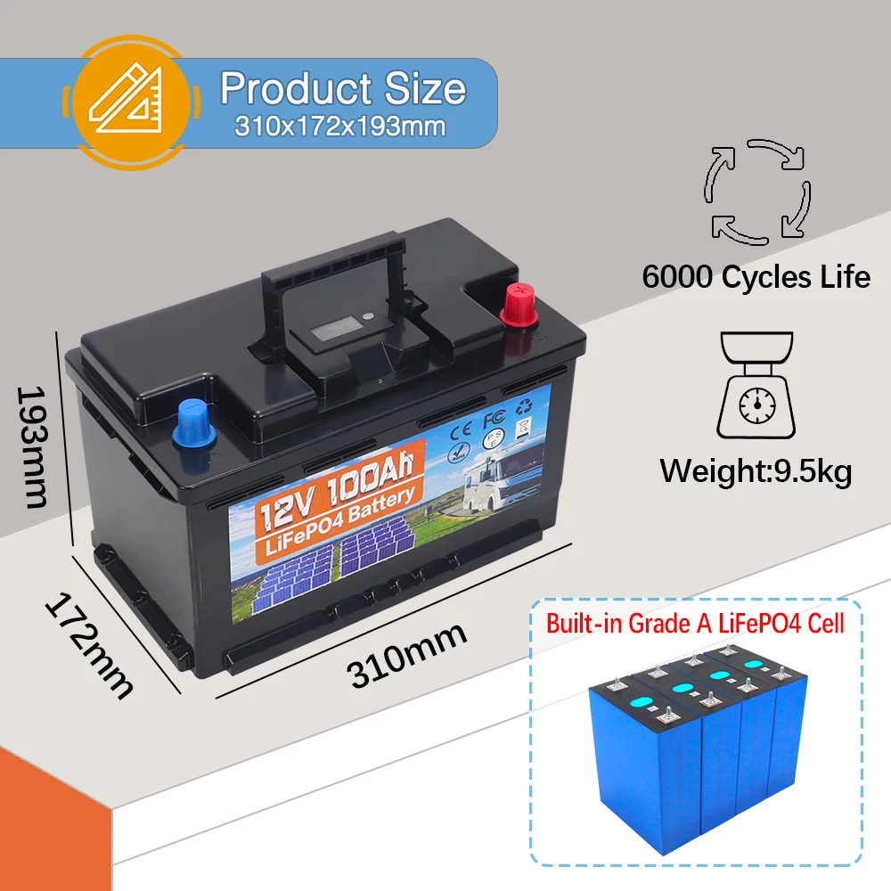 Imagem -02 - Célula de Fosfato de Ferro de Lítio Embutida Bms Bateria Solar com Carregador Campistas rv Carrinho de Golfe 12v 50ah 100ah 6000 Ciclos