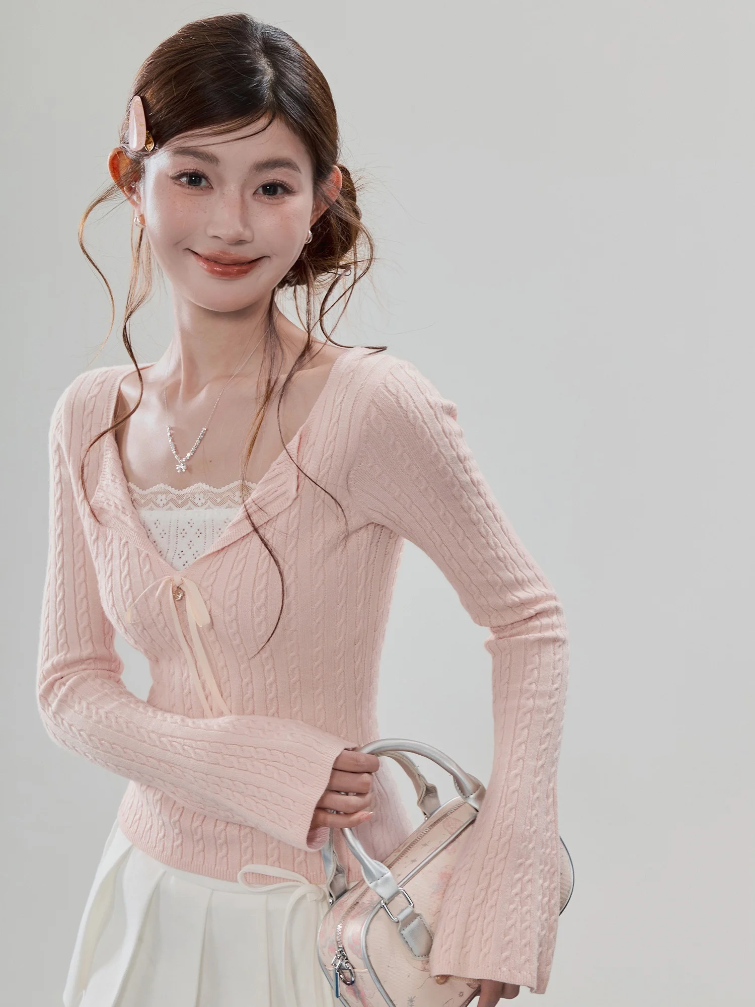 

Swee Sweet Sle Lace Trim Slim Fit Knitted Sweater Women Base Layer Top Long Sve V Ne Breathable Comfortable