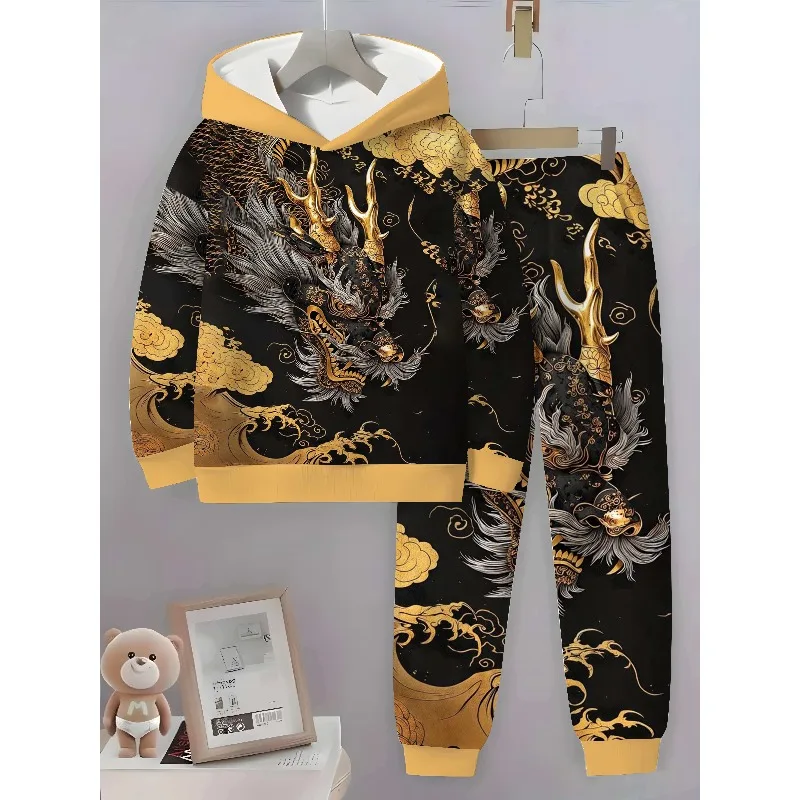

2025 3D Digital Animal Printed Leopard Dragon Pattern Hoodie and Sports Pants 2-piece Fashion Casual Long Sleeve Set