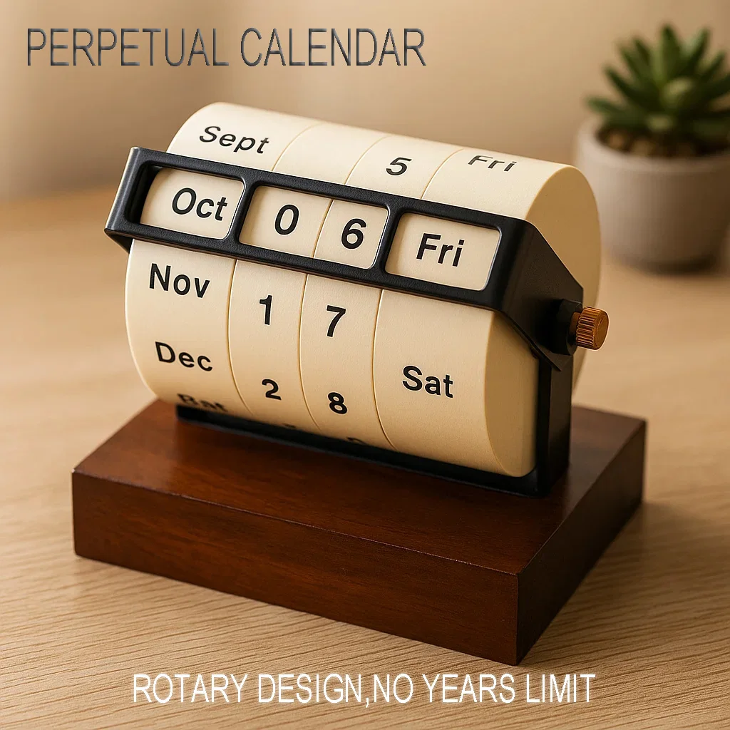 

Perpetual Desk Calendar, Manual Rotary Table Calendar with Wooden Base, Vintage Style Home Office Decor,