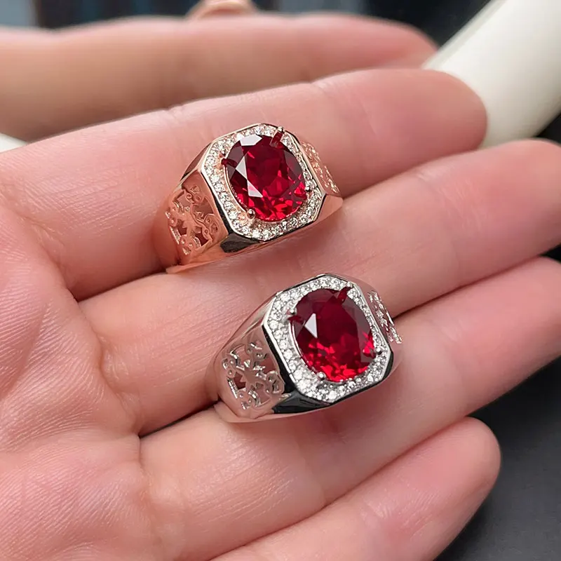 Solid 925 Silver Men Ring 8mm*10mm 2ct Man Made Ruby Ring for Men 18K Gold Plated Red Lab Created Crystal Jewelry