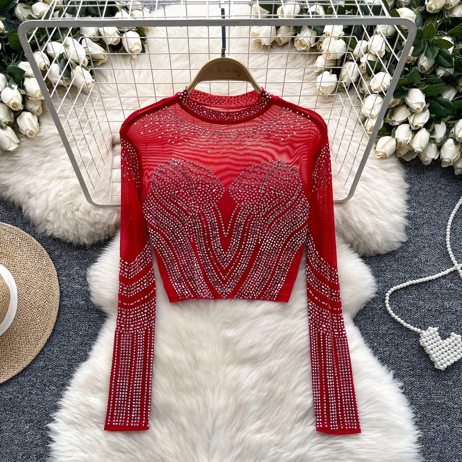 2025 ฤดูร้อนใหม่เซ็กซี่ Blink Beading Tops ผู้หญิงแขนยาว O คอ INS สุภาพสตรี Chic แฟชั่นเงา Slim Club Party เสื้อ