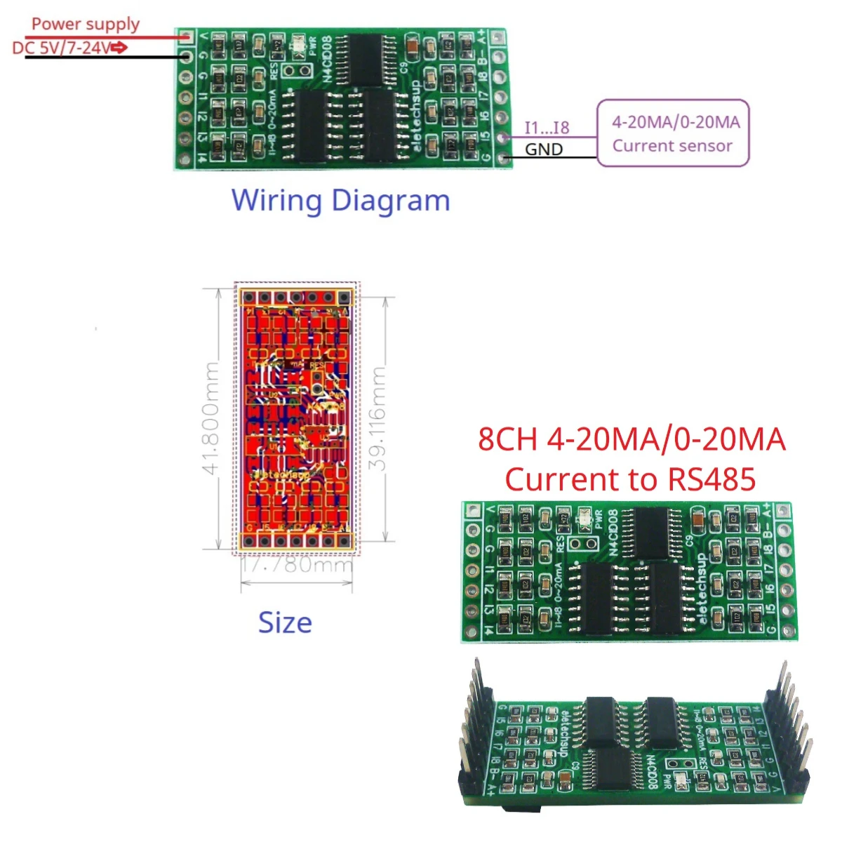 4-20MA/0-20MA 8CH Current Sensor Converter RS485 Analog Collection MODBUS RTU PLC Remote IO Expansion Core board 5V 12V 24V