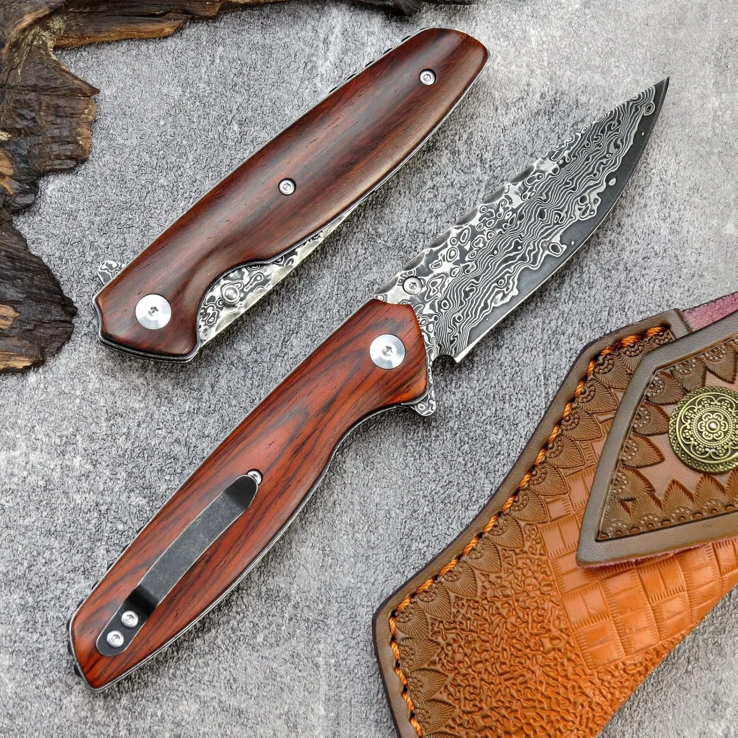 Sitivien ST240 EDC Damascus Steel Folding Knife with Dalbergia Handle,VG10 Core Blade Belt Clip for Fishing Hiking EDC Tool