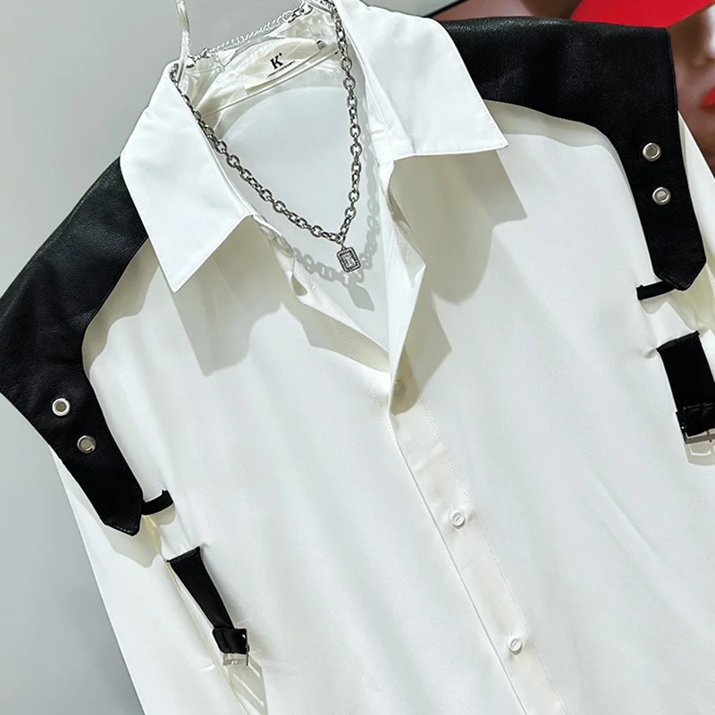 PFHQ 2024 New Summer Niche Loose Versatile Shoulder Shirt Korean PU Leather Splicing Contrasting Male Tops Fashion 21Z5665