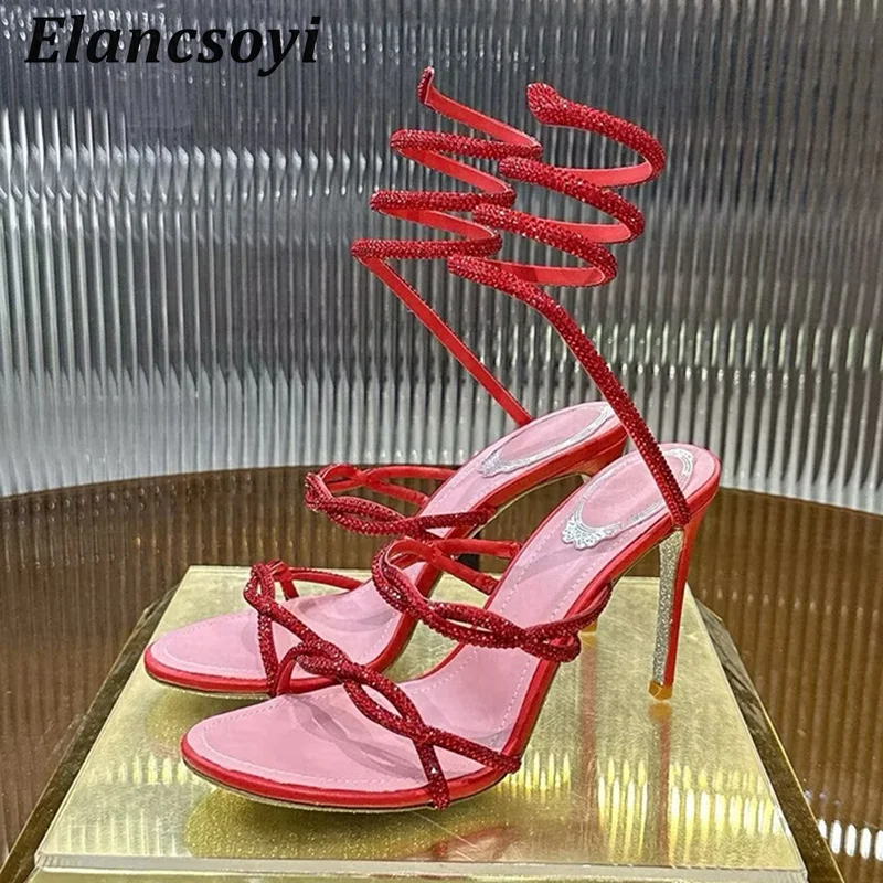 Summer Thin Heels Sandals Women Pumps Bling Rhinestone Snake Shaped Winding High Heels Sandalias Sexy Party Banquet Shoes