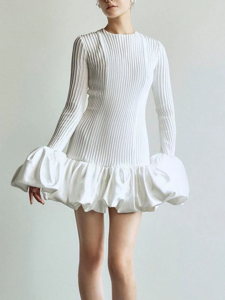 TWOTWINSTYLE Patchwork Ruffles Knitting Dress For Women Round Neck Flare Sleeve High Waist Solid A Line Dresses Female Fashion