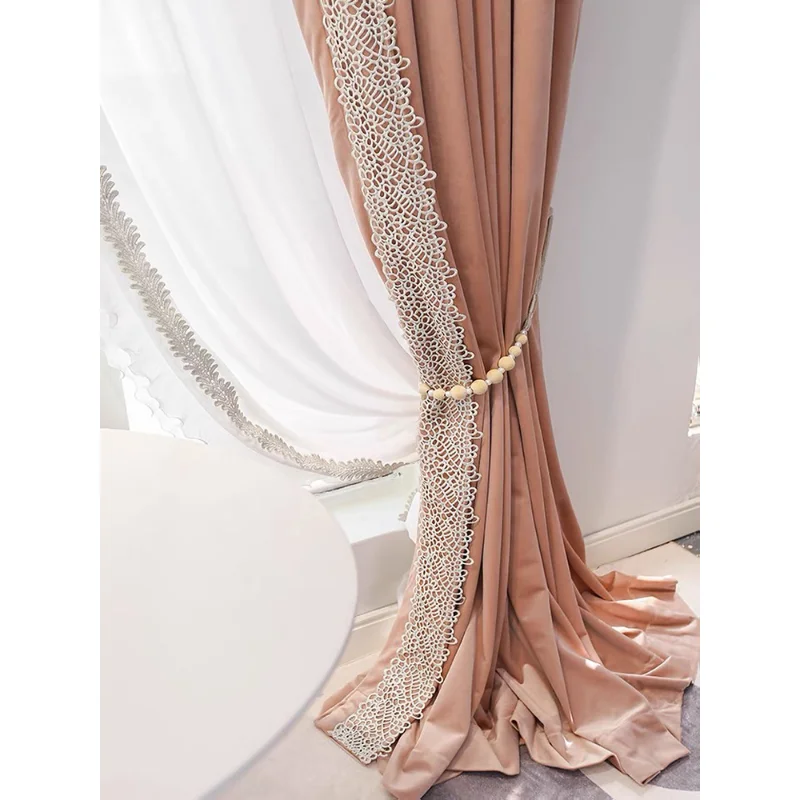 

Modern French Curtains for Living Room Luxury Pink Velvet Cortina Bedroom Lace Drapes Tulle Window Curtain Home Custom Rideau