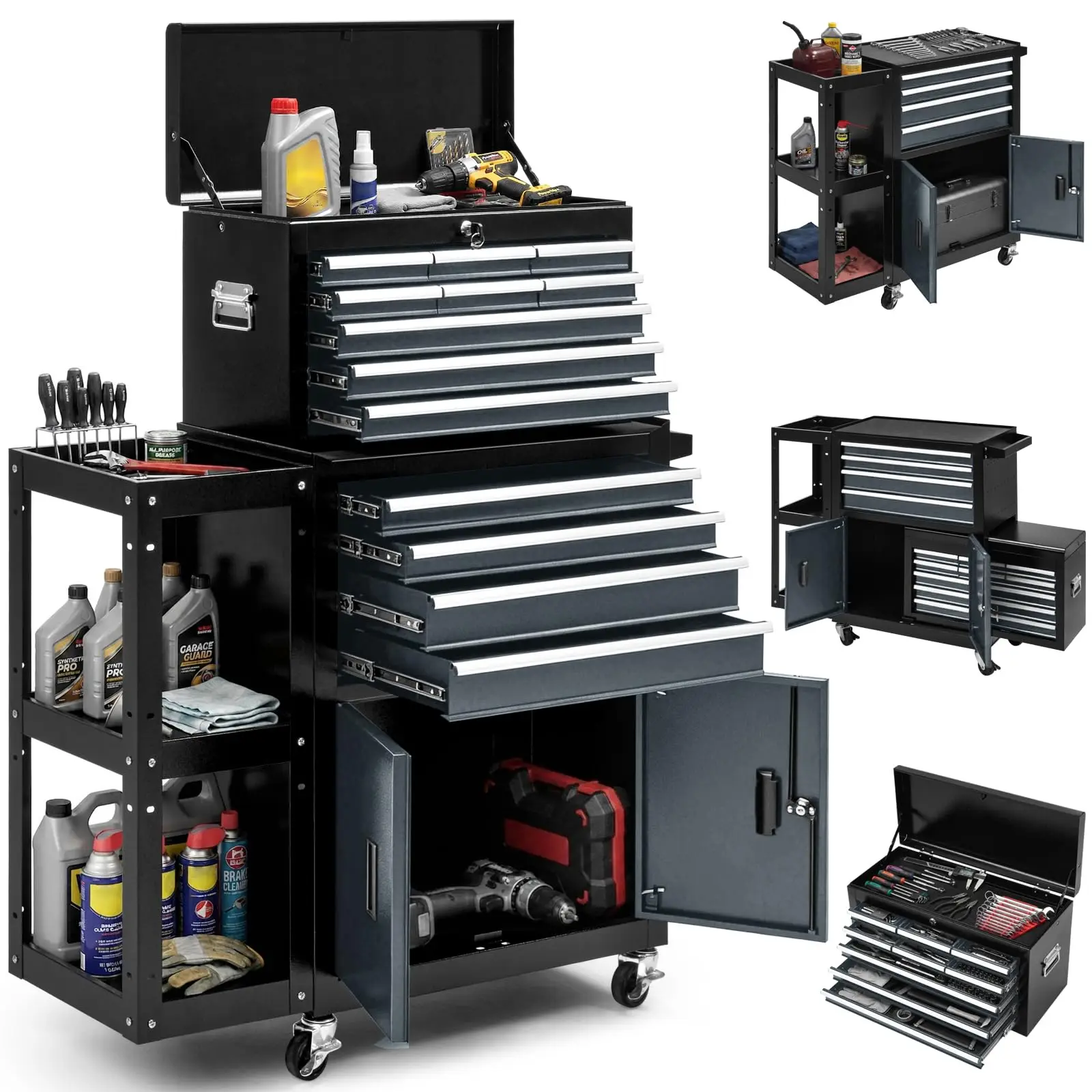 13-Der Rolling Tool Chest with Double do, 2 in 1 Detachable Rolling Tool Chests with Side Storage, Metal Standing Tool