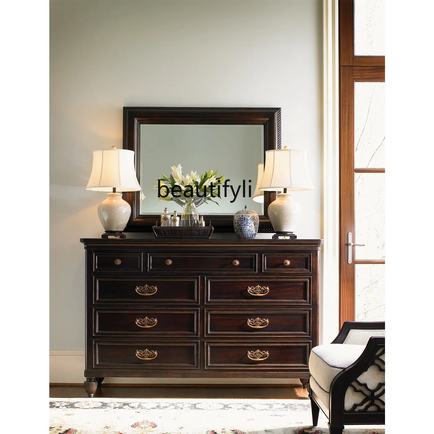 

Solid Wood Vanity Cabinet Vintage Dark Brown Distressed Villa Dressing Table European Classical Decorative Cabinet