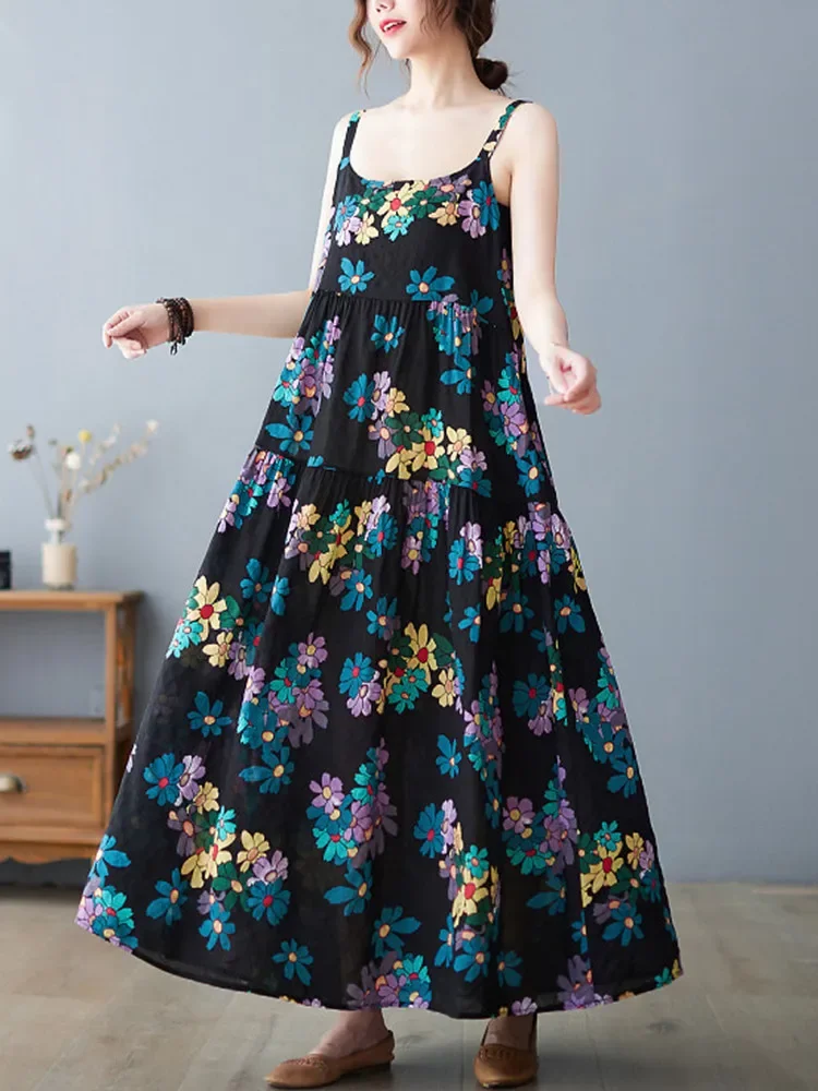 pasek bez rękawów bawełniana pościel vintage kwiatowy nowość w sukienkach dla kobiet luźna długa letnia sukienka elegancka odzież 2025