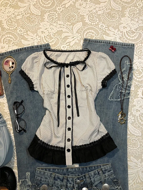 Оригинальный белый ор Све irt в горошек для женщин, винтажный летний топ из смеси хлопка Faion для поездок на работу, облегающий топ