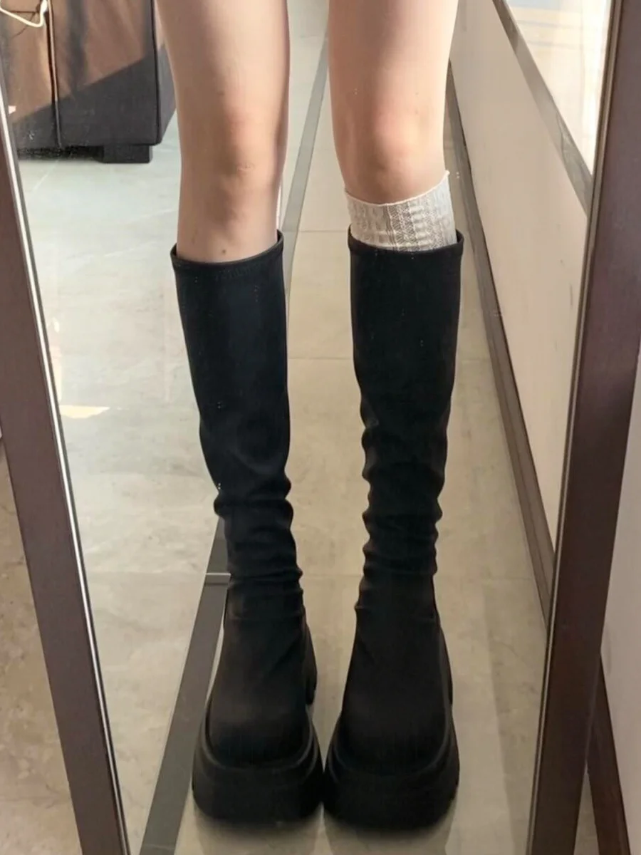 

Высокие женские сапоги Bla на толстом каблуке, осенне-зимние, облегающие, корейские, водонепроницаемые, на платформе