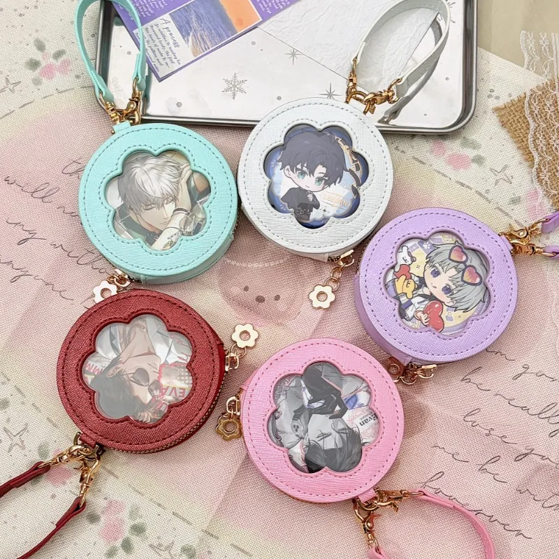 Round Leather 75mm Badge Pouch with PVC Window, Single/Double Sided Protective Case, for Anime Kpop Ita Bag Display & Collection