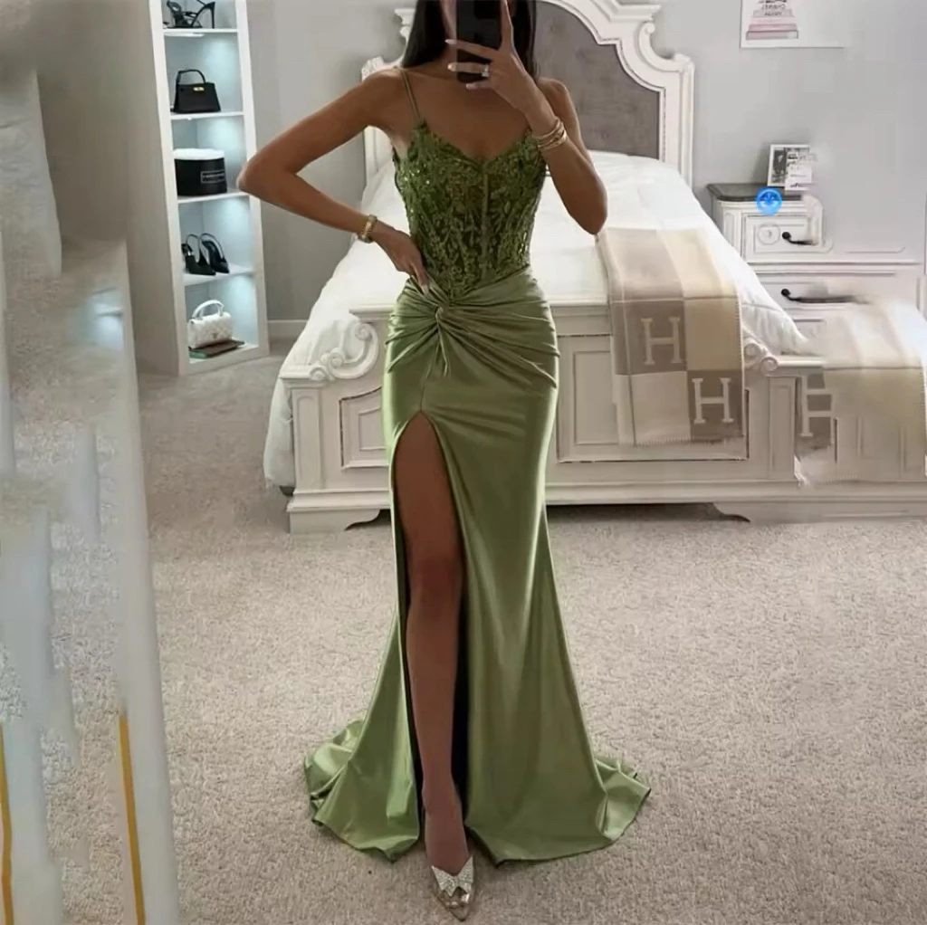 

Green Sequins Prom Dresses Spaghetti Strap Mermaid Sexy Adult Ceremony Performance Beach Party Backless Formal Evening Gowns