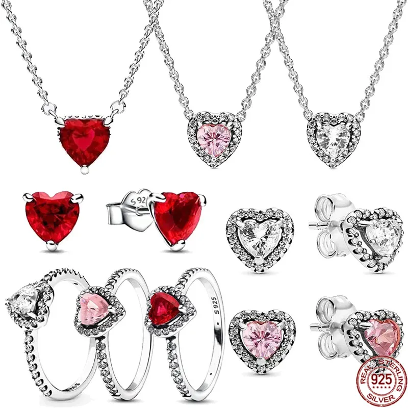 

Classic 925 sterling silver dazzling hearts series jewelry exquisite rings earrings necklaces charm women's jewelry set gifts