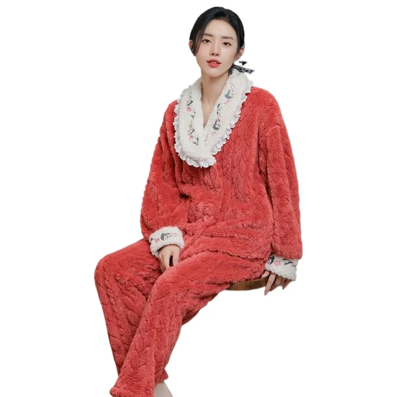 

Winter Coral Fleece Underwear Women's Thickened Fleece Pajamas Set New Chinese Style Short Style Can Be Worn Outside Loungewear