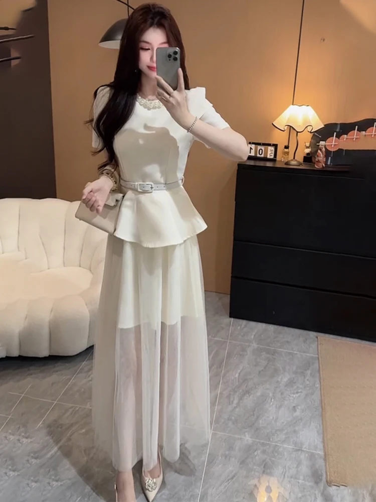 

Summer Outfit Set Pearl Necklace round Neck Bubble Sleeve Top Women's Mesh Half Skirt Two-Piece Set French Style Fashionable