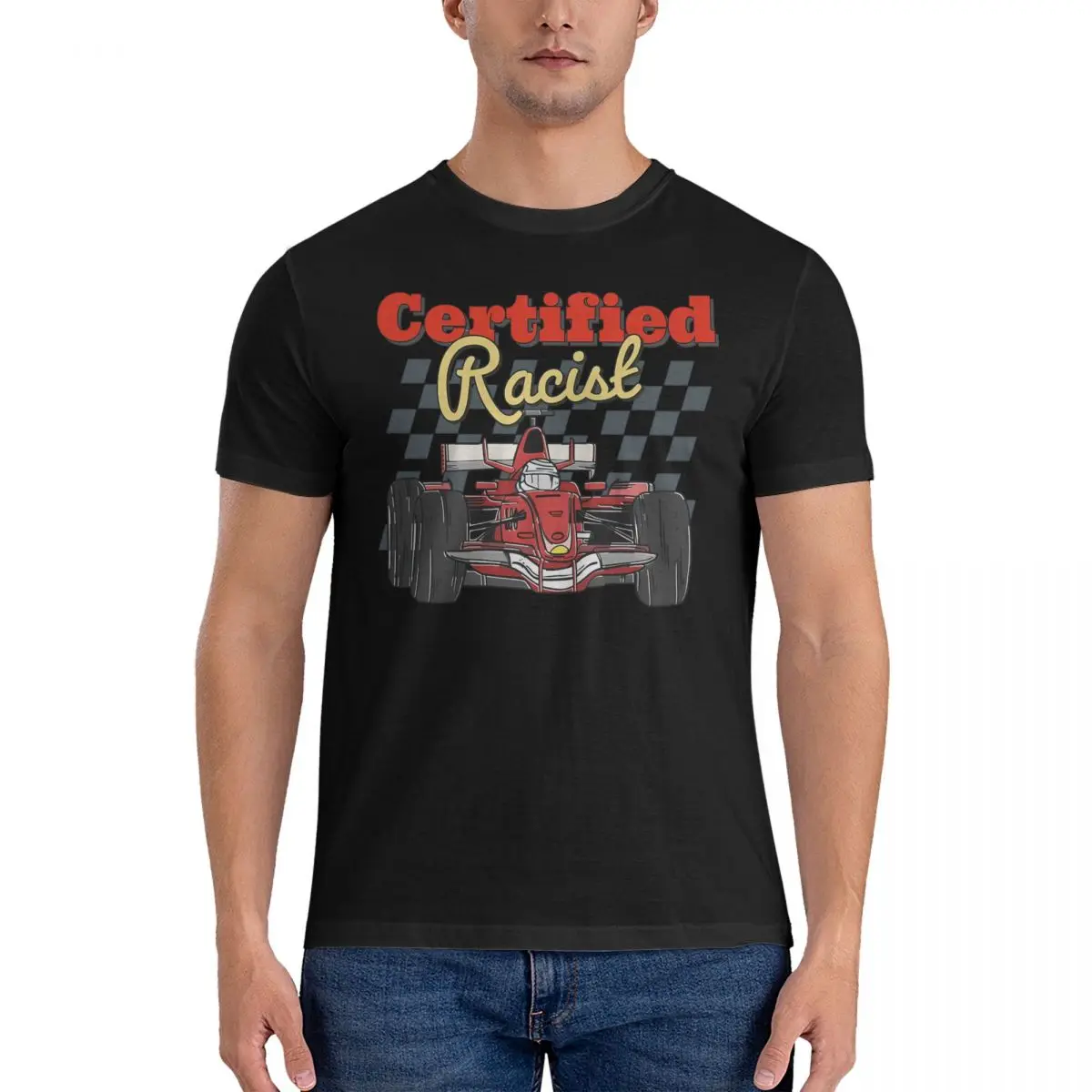 Men T-Shirt Racing Creative Pure Cotton Tees Short Sleeve Certified And Racists T Shirts Crewneck Clothing Classic