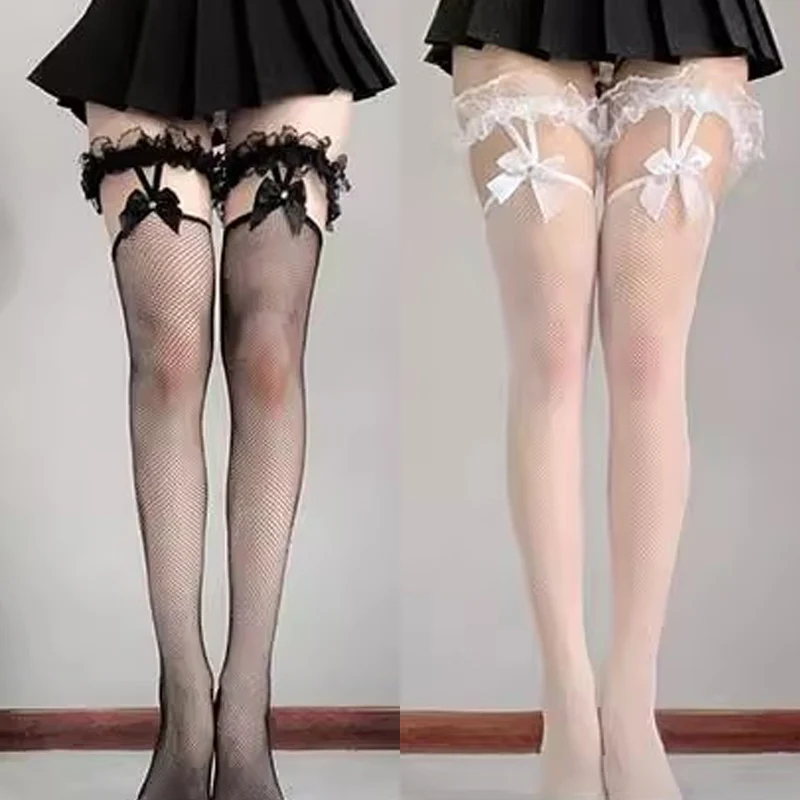 2 paires de chaussettes Lolita en maille Sexy, bas hauts de cuisse, chaussettes longues pour filles, dentelle japonaise, bretelles en résille, bas hauts aux genoux