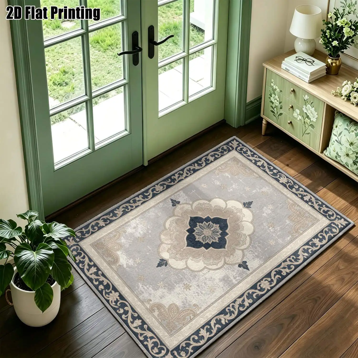 1Pc 2D Printed Carpet: Blue-Grey Retro Floral Pattern, European/Vintage/Geometric/Bohemian Style, Multi-Size, Machine Washable, Suitable for Home Decor, Entrance/Dining/Foyer/Bedroom/Living Room