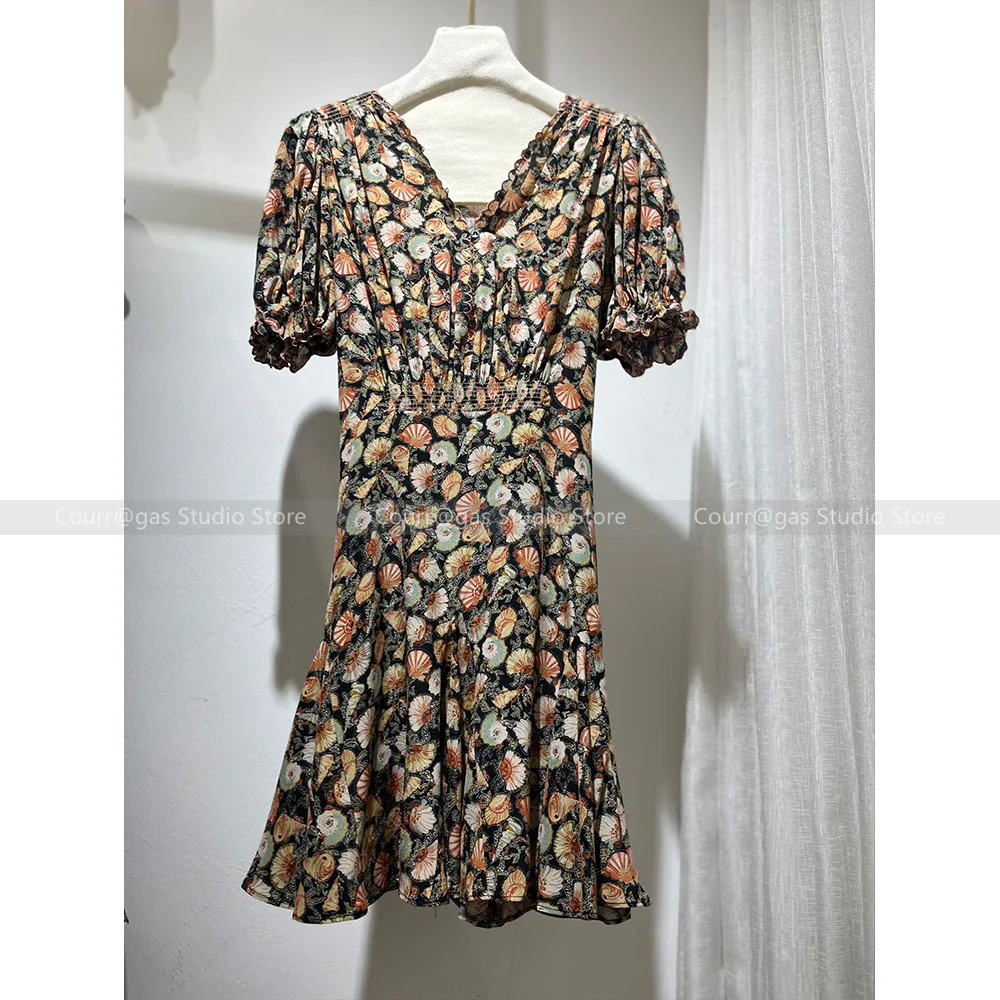 

2024 Summer New Retro Floral Printed Bubble Sleeve Deep V Waist Dress + Suspender Skirt Women