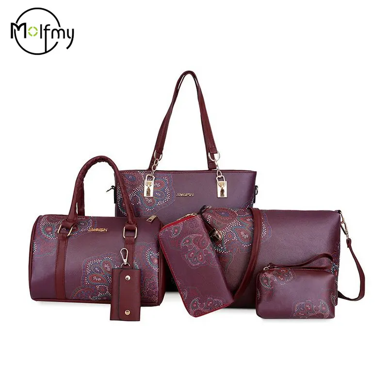 6/teiliges Set Mutter Handtasche Vintage Tragetaschen Gedruckt Hohe Qualität frauen Tasche Trend Eine Schulter Umhängetasche Frauen Handtaschen