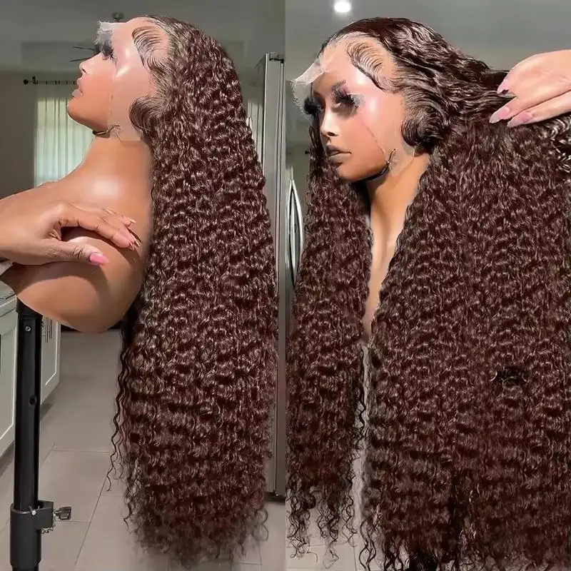 Deep Wave Chocolate Brown Lace Front Wig Human Hair Water Wave 13x6 13x4 220% Density Curly Lace Frontal Wigs Pre Plucked image 2