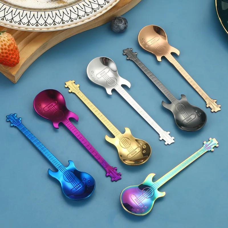 100Pcs Stainless Steel Spoon Coffee Guitar Shape Music Theme Tea Stirring Spoon Ice Cream Dessert Scoop