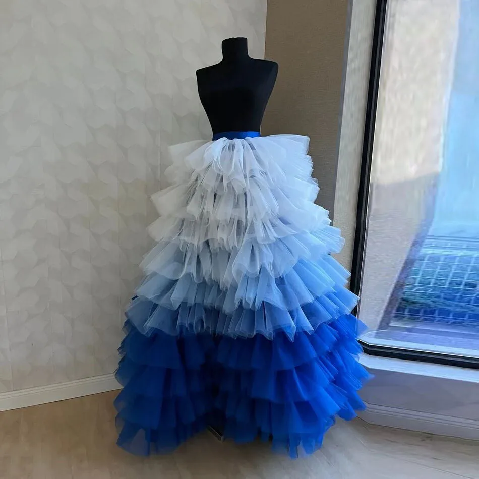 

Blue Gradient Tulle Maxi Skirts Tiered Lush saias mulher Tutu Skirt Zipper Closure Floor Length Ruffle Tulle Skirts