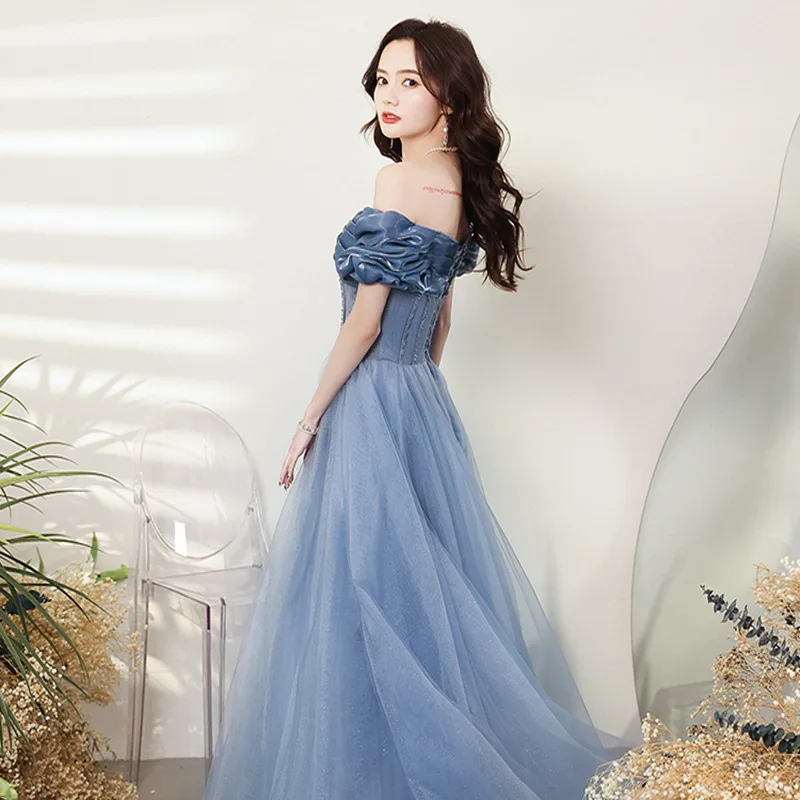 Blue Evening Dress 2025 Spring/Summer New One Shoulder Simple Banquet Style Performance Host Student Art Exam Long Dress