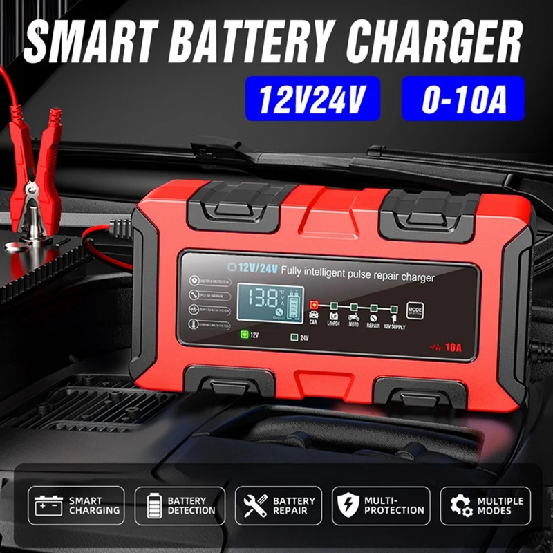 10A 12V/24V Smart Car Battery Charger Maintainer Electric Motorcycles Charger for Lead-Acid GEL Batteries EU Plug-ELEC