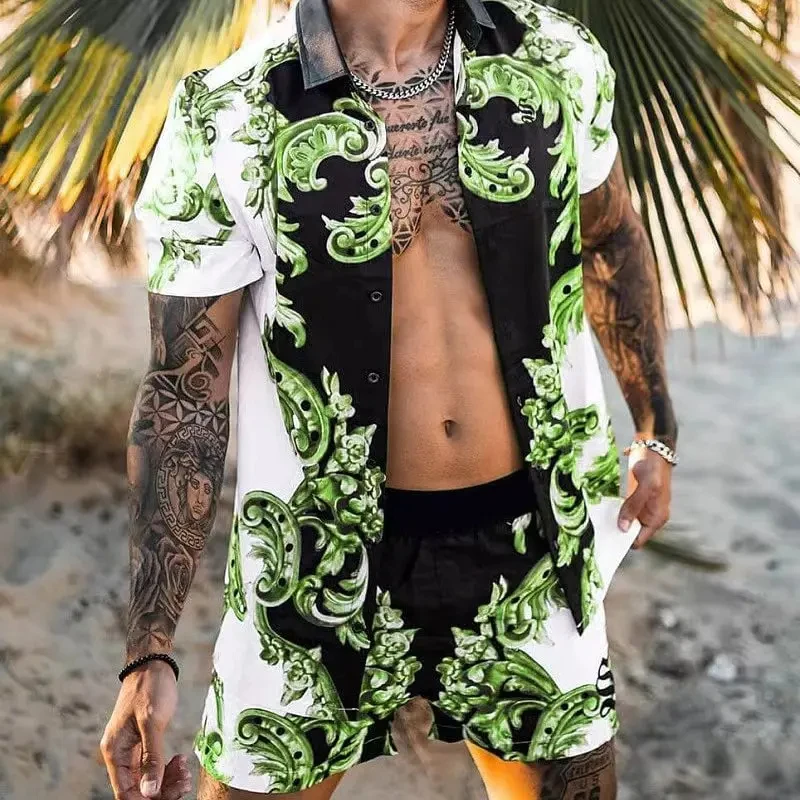 2024 Vintage Men Shirts Sets Summer Golden Horse Print Beach Short Sleeve Shirt Shorts Casual  Trip Mens Hawaiian 2 Piece Suit